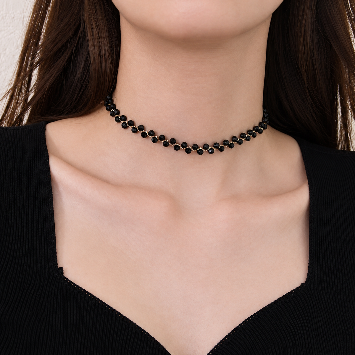 Women’s Black Crystal Beaded Choker Necklace & Wrap Bracelet with Mother-of-Pearl Charm