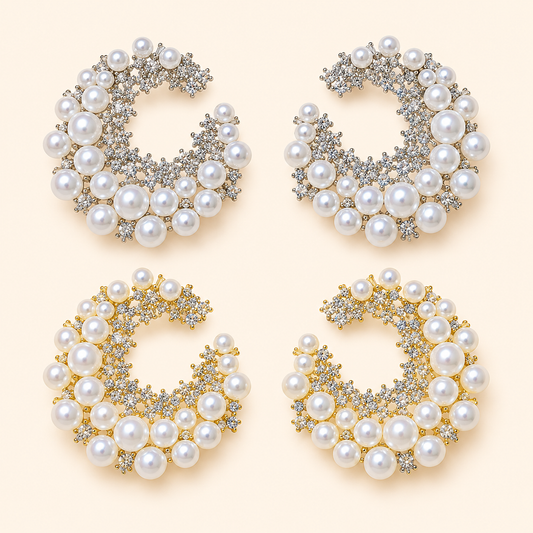 Women’s Elegant C-Hoop Earrings with Pearl and Sparkling Zircon Detail