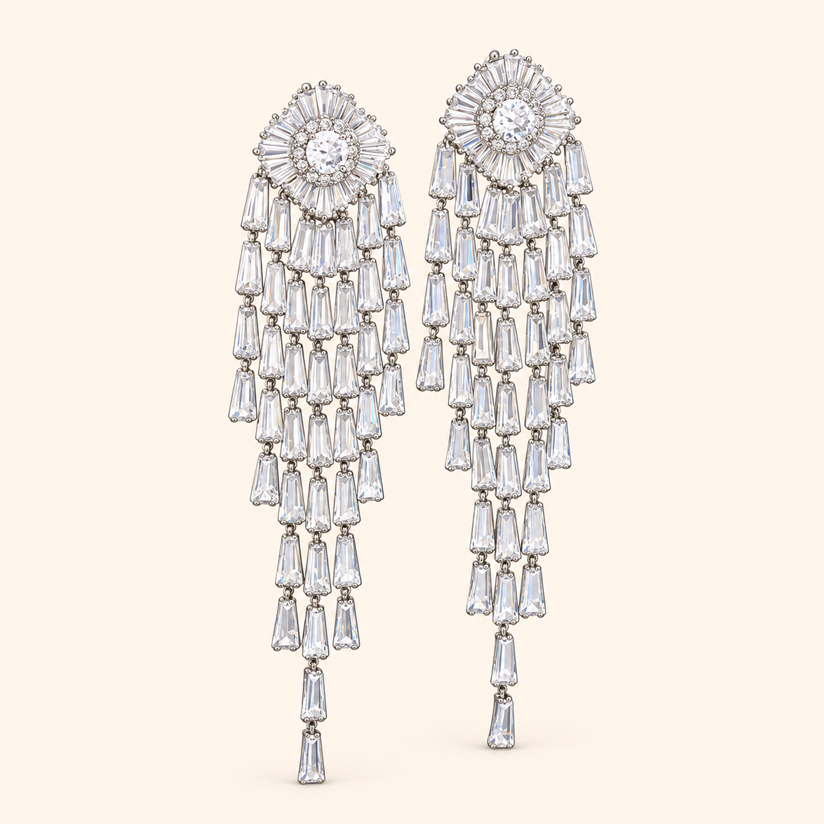 Women’s Silver-Tone Floral Tassel Drop Earrings with Sparkling Baguette Zircon Detail