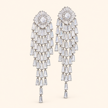 Women’s Silver-Tone Floral Tassel Drop Earrings with Sparkling Baguette Zircon Detail