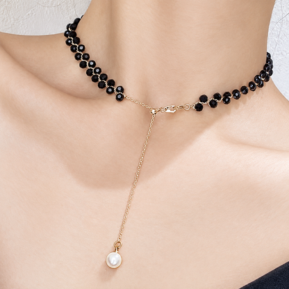 Women’s Black Crystal Beaded Choker Necklace & Wrap Bracelet with Mother-of-Pearl Charm