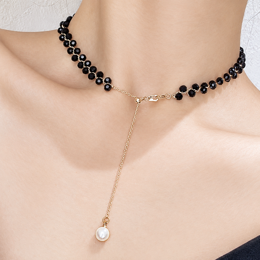 Women’s Black Crystal Beaded Choker Necklace & Wrap Bracelet with Mother-of-Pearl Charm