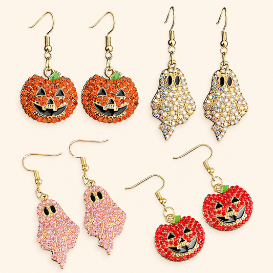 Women’s Halloween Pumpkin and Ghost Drop Earrings with Colorful Rhinestones