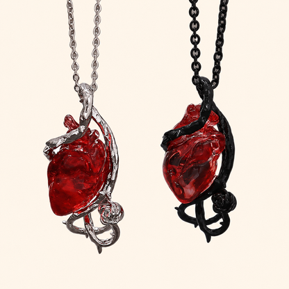 Unisex Gothic Red Anatomical Heart Pendant Necklace with Thorn Vine and Rose Detail