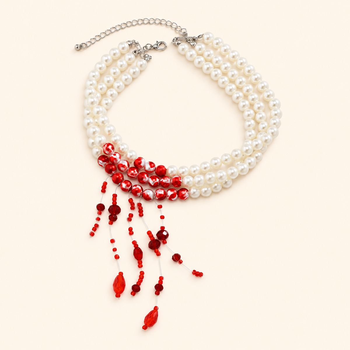 Women’s Gothic Halloween Three-Strand Pearl Choker Necklace with Red Blood-Drip Beaded Detail