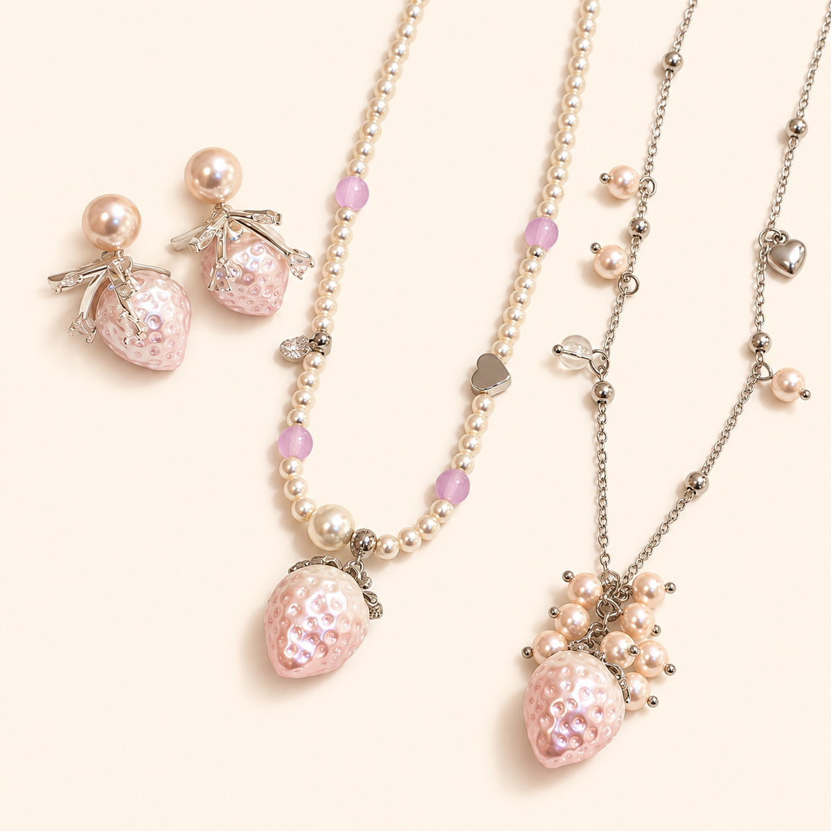 Women’s Pink Strawberry Faux Pearl Jewelry Set with Two Necklaces and Earrings