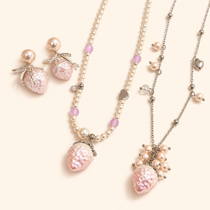 Women’s Pink Strawberry Faux Pearl Jewelry Set with Two Necklaces and Earrings