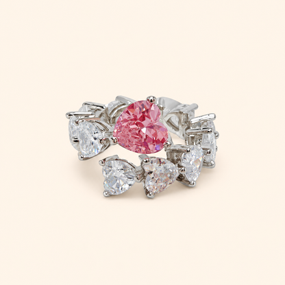 Women’s Silver-Tone Romantic Adjustable Heart Ring with Pink and Clear Sparkling Stones