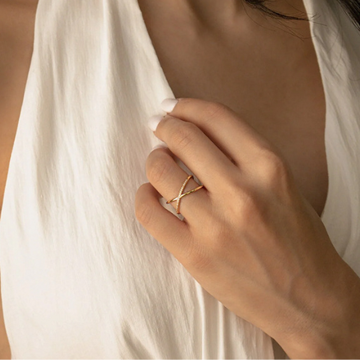 Gold-Plated 925 Sterling Silver Crystal Orbit Crossover Ring