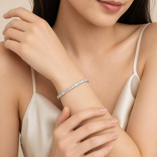 Women’s Silver Tone Alternating Baguette & Round Stone Tennis Bracelet