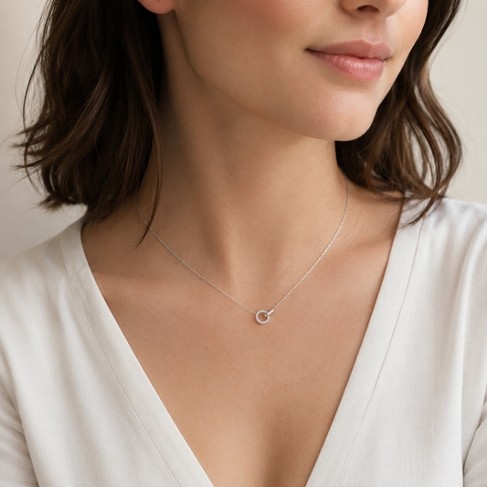 925 Sterling Silver Moissanite Pavé Circle Pendant Necklace with Sculptural Link Detail