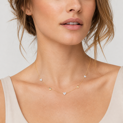 Gold-Plated Crystal Heart Station Necklace with Mixed Heart Charms