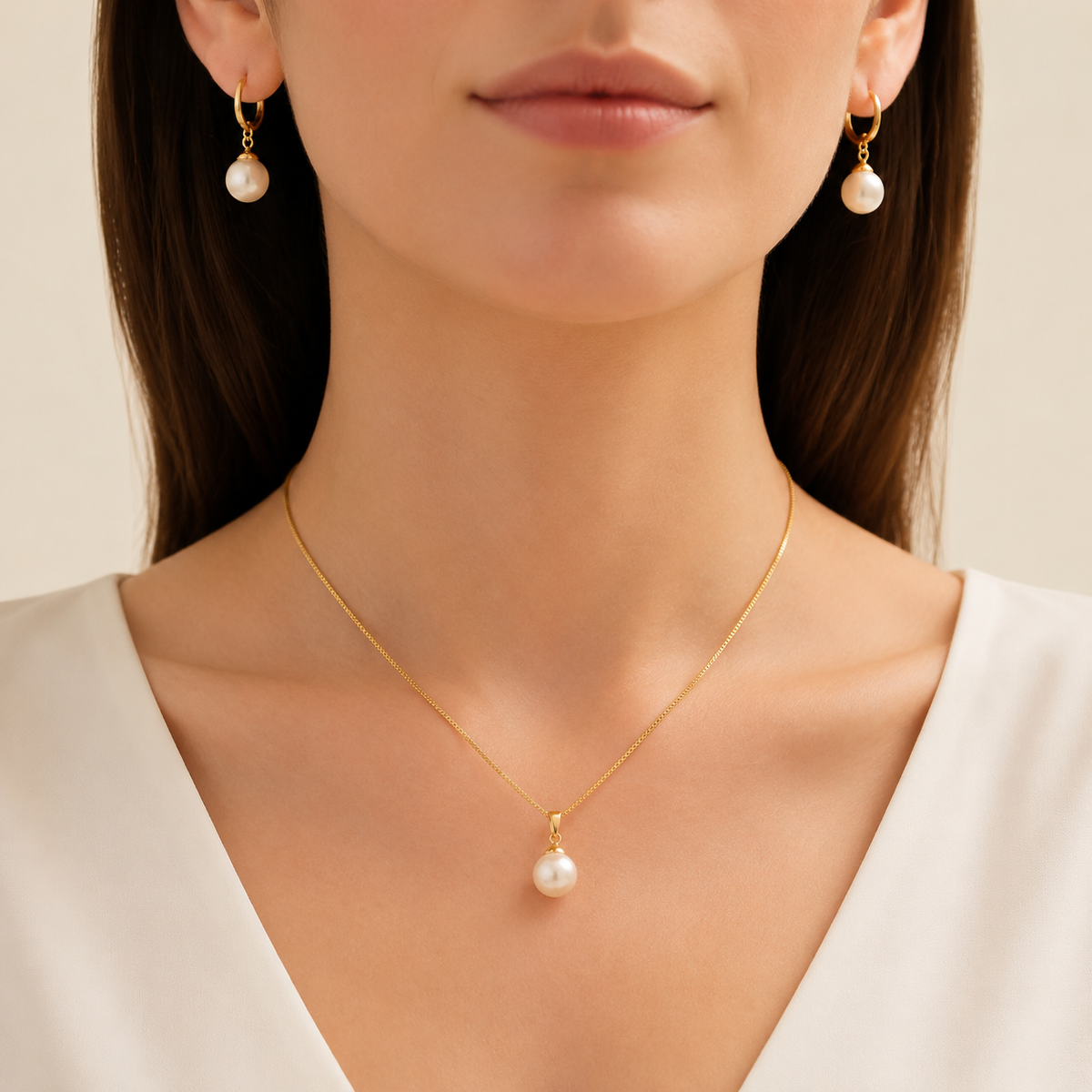 Women’s Dainty Pearl Drop Necklace & Hoop Earring Set