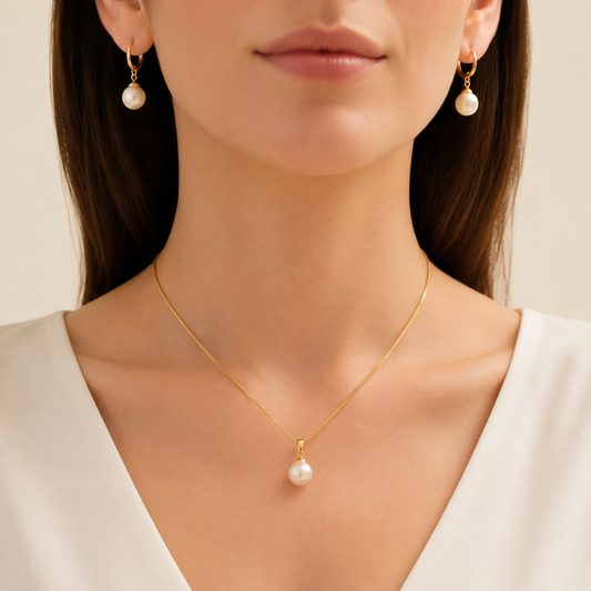 Women’s Dainty Pearl Drop Necklace & Hoop Earring Set