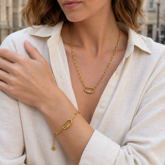 Women’s Paperclip Chain Necklace & Bracelet Set with Textured Screw Clasp