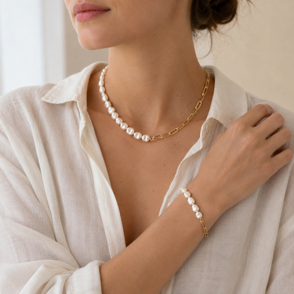Women’s Gold-Tone Pearl & Link Necklace and Bracelet Set