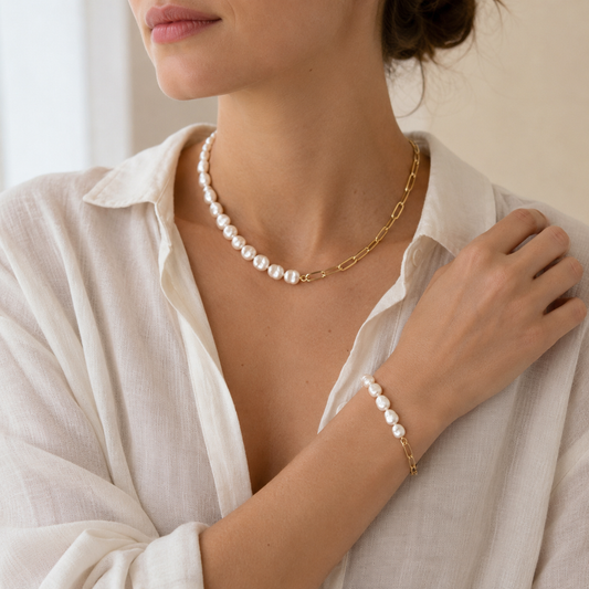 Women’s Gold-Tone Pearl & Link Necklace and Bracelet Set