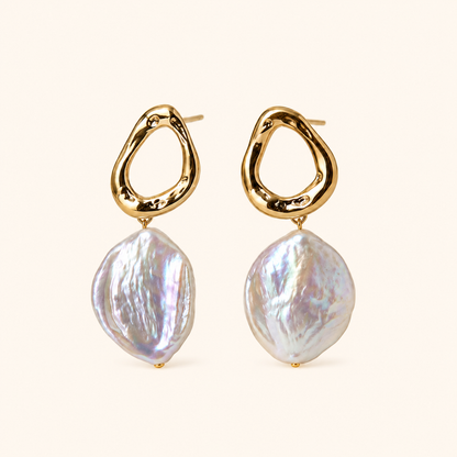 Gold Organic Loop and Freshwater Pearl Drop Earrings