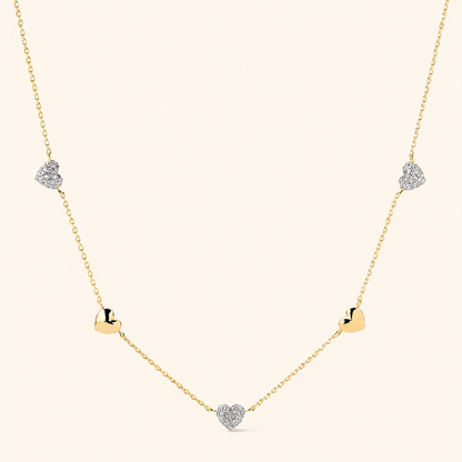 Gold-Plated Crystal Heart Station Necklace with Mixed Heart Charms
