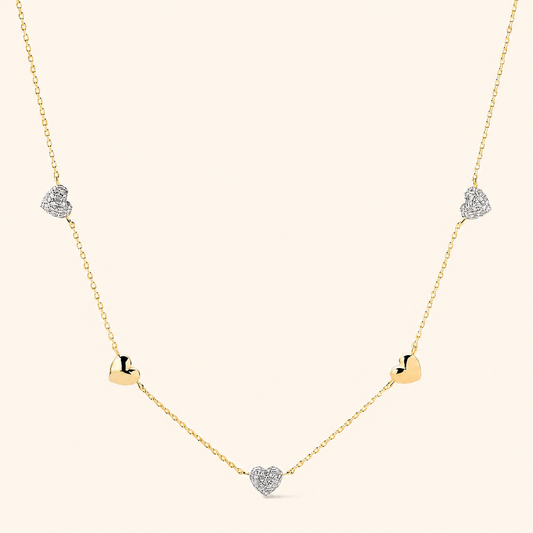 Gold-Plated Crystal Heart Station Necklace with Mixed Heart Charms