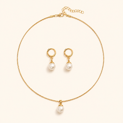 Women’s Dainty Pearl Drop Necklace & Hoop Earring Set