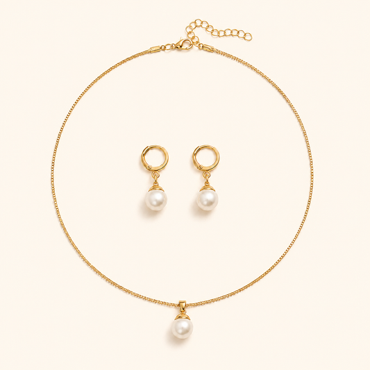 Women’s Dainty Pearl Drop Necklace & Hoop Earring Set