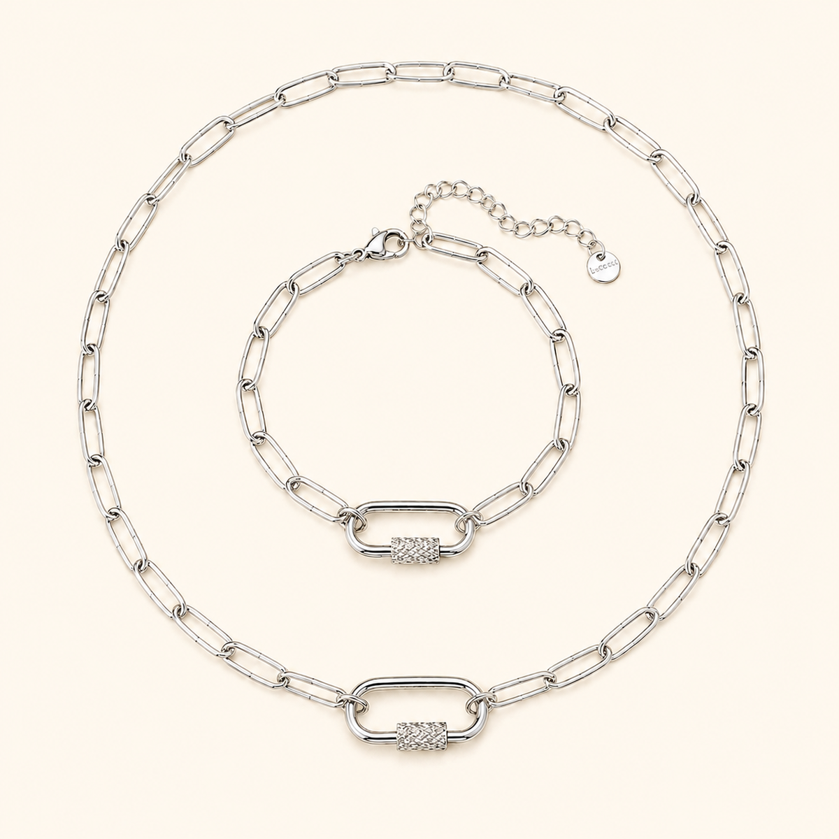 Women’s Paperclip Chain Necklace & Bracelet Set with Textured Screw Clasp