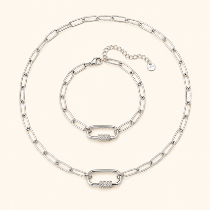 Women’s Paperclip Chain Necklace & Bracelet Set with Textured Screw Clasp