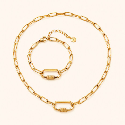 Women’s Paperclip Chain Necklace & Bracelet Set with Textured Screw Clasp