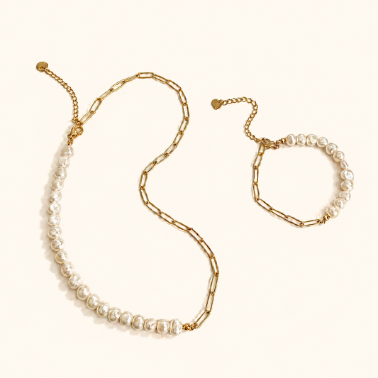 Women’s Gold-Tone Pearl & Link Necklace and Bracelet Set