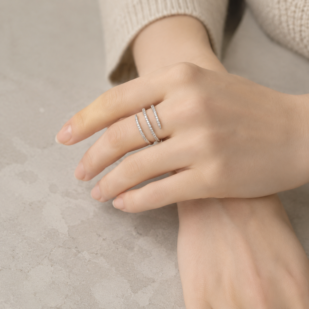 S925 Sterling Silver Triple-Wave Cubic Zirconia Open Ring