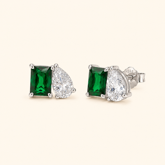 Women’s Emerald Green Rectangular and Pear-Cut Cubic Zirconia Sterling Silver Stud Earrings