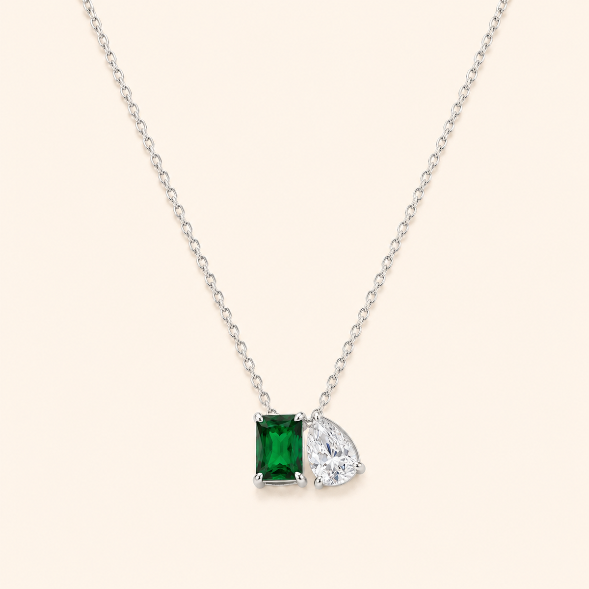 Women’s 925 Sterling Silver Emerald Green Two-Stone Pendant Necklace
