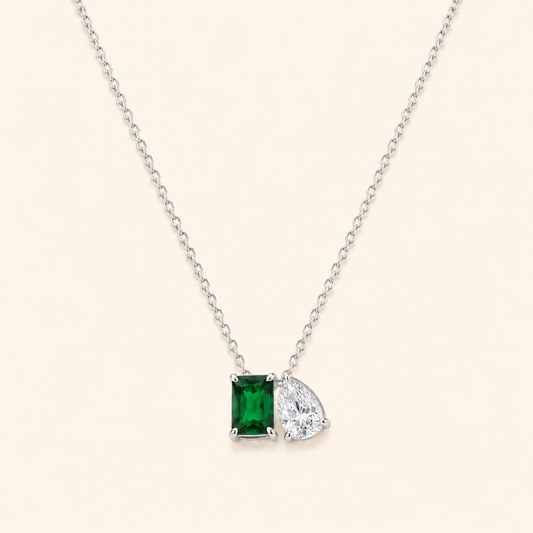 Women’s 925 Sterling Silver Emerald Green Two-Stone Pendant Necklace
