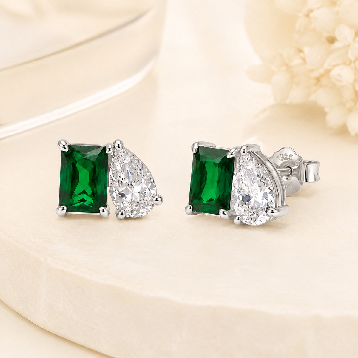 Women’s Emerald Green Rectangular and Pear-Cut Cubic Zirconia Sterling Silver Stud Earrings