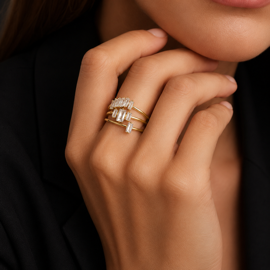 925 Sterling Silver Baguette Crystal Adjustable Open Ring