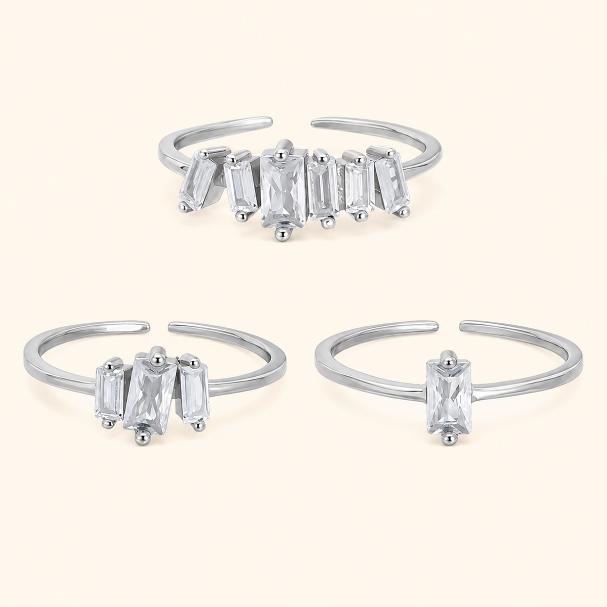 925 Sterling Silver Baguette Crystal Adjustable Open Ring