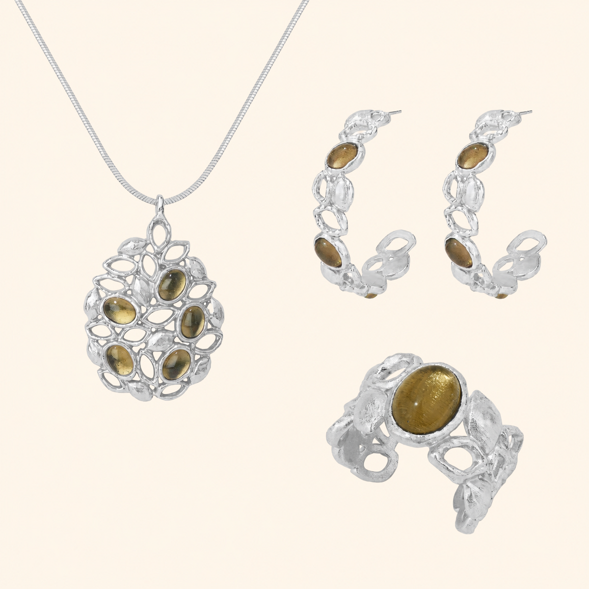Sicilian Lemon Stone Jewelry Set – Gold 3-Piece or Silver 2-Piece Set