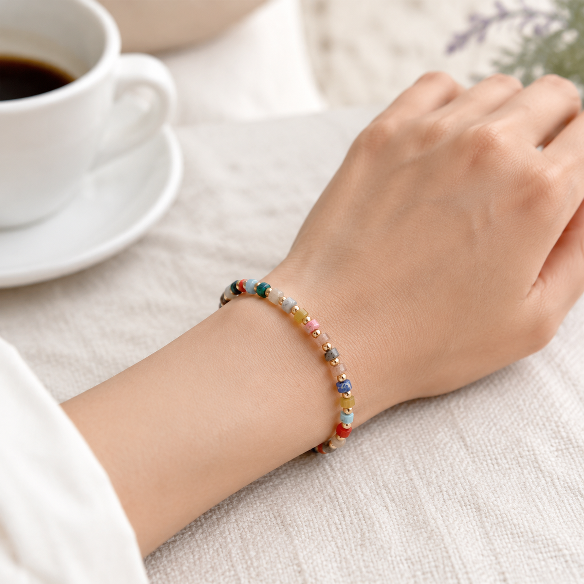 Handmade Colorful Natural Stone Beaded Bracelet – Titanium Steel Accent Chain