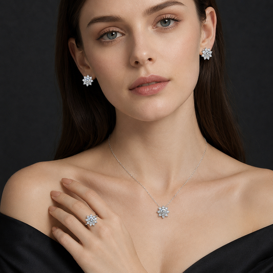 S925 Sterling Silver Moissanite Sunflower Jewelry Set – Necklace, Stud Earrings & Ring