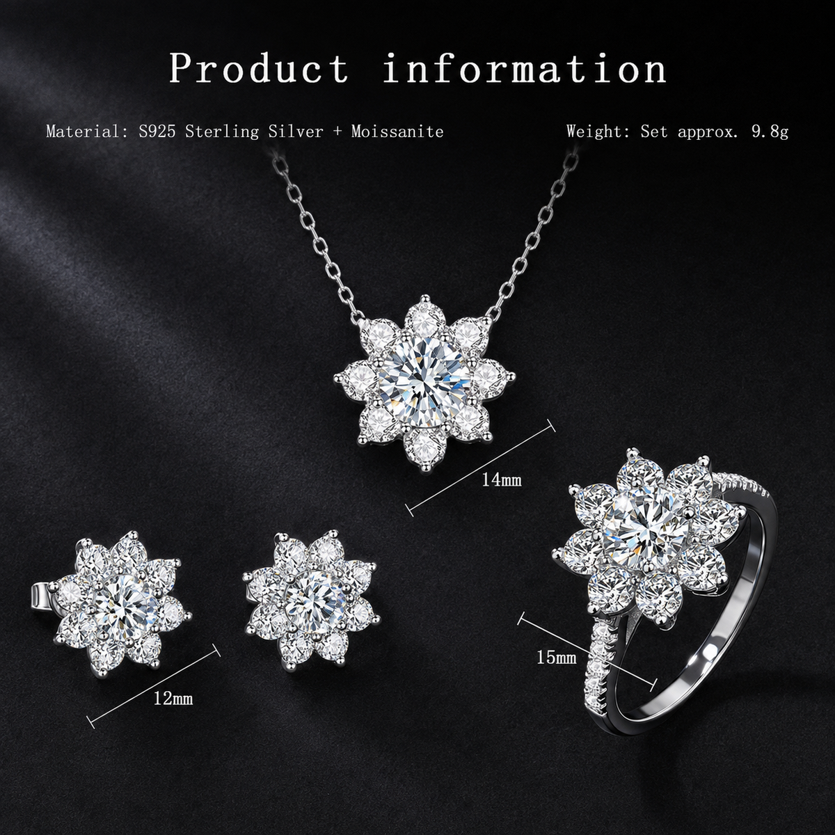 S925 Sterling Silver Moissanite Sunflower Jewelry Set – Necklace, Stud Earrings & Ring