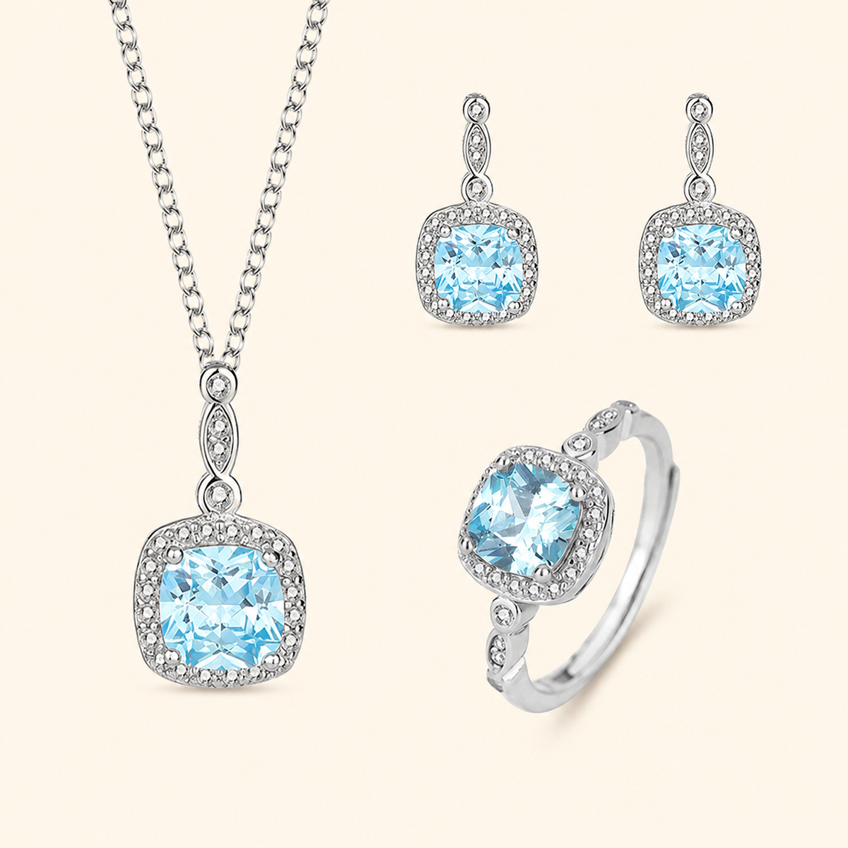 S925 Sterling Silver Blue Stone Jewelry Set – Necklace, Drop Earrings & Adjustable Ring