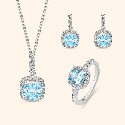 S925 Sterling Silver Blue Stone Jewelry Set – Necklace, Drop Earrings & Adjustable Ring
