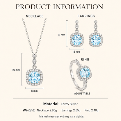 S925 Sterling Silver Blue Stone Jewelry Set – Necklace, Drop Earrings & Adjustable Ring