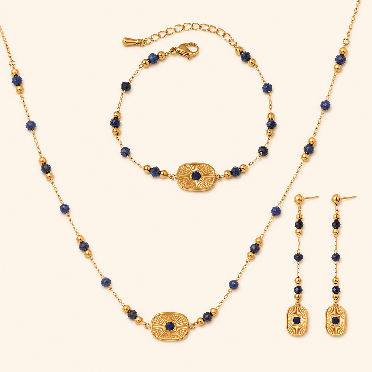 Lapis Lazuli Sunburst Jewelry Set – Necklace, Drop Earrings & Bracelet