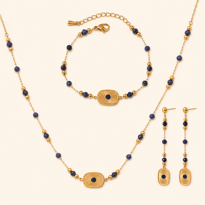 Lapis Lazuli Sunburst Jewelry Set – Necklace, Drop Earrings & Bracelet
