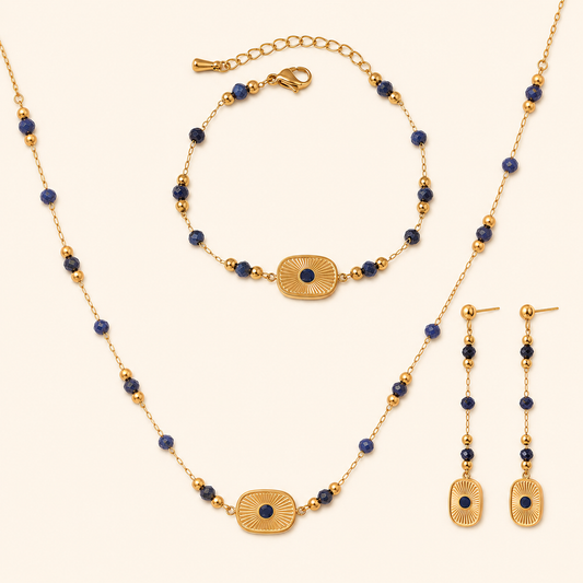 Lapis Lazuli Sunburst Jewelry Set – Necklace, Drop Earrings & Bracelet
