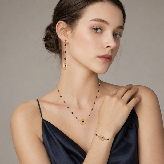 Lapis Lazuli Sunburst Jewelry Set – Necklace, Drop Earrings & Bracelet