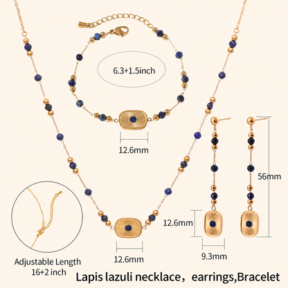 Lapis Lazuli Sunburst Jewelry Set – Necklace, Drop Earrings & Bracelet