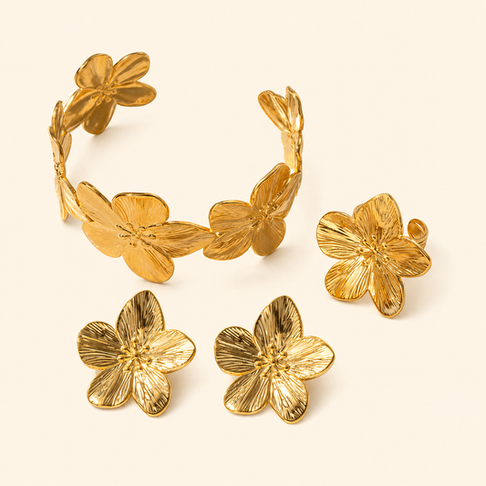 18K Gold PVD Stainless Steel Floral Jewelry Set – Cuff Bracelet, Stud Earrings & Ring